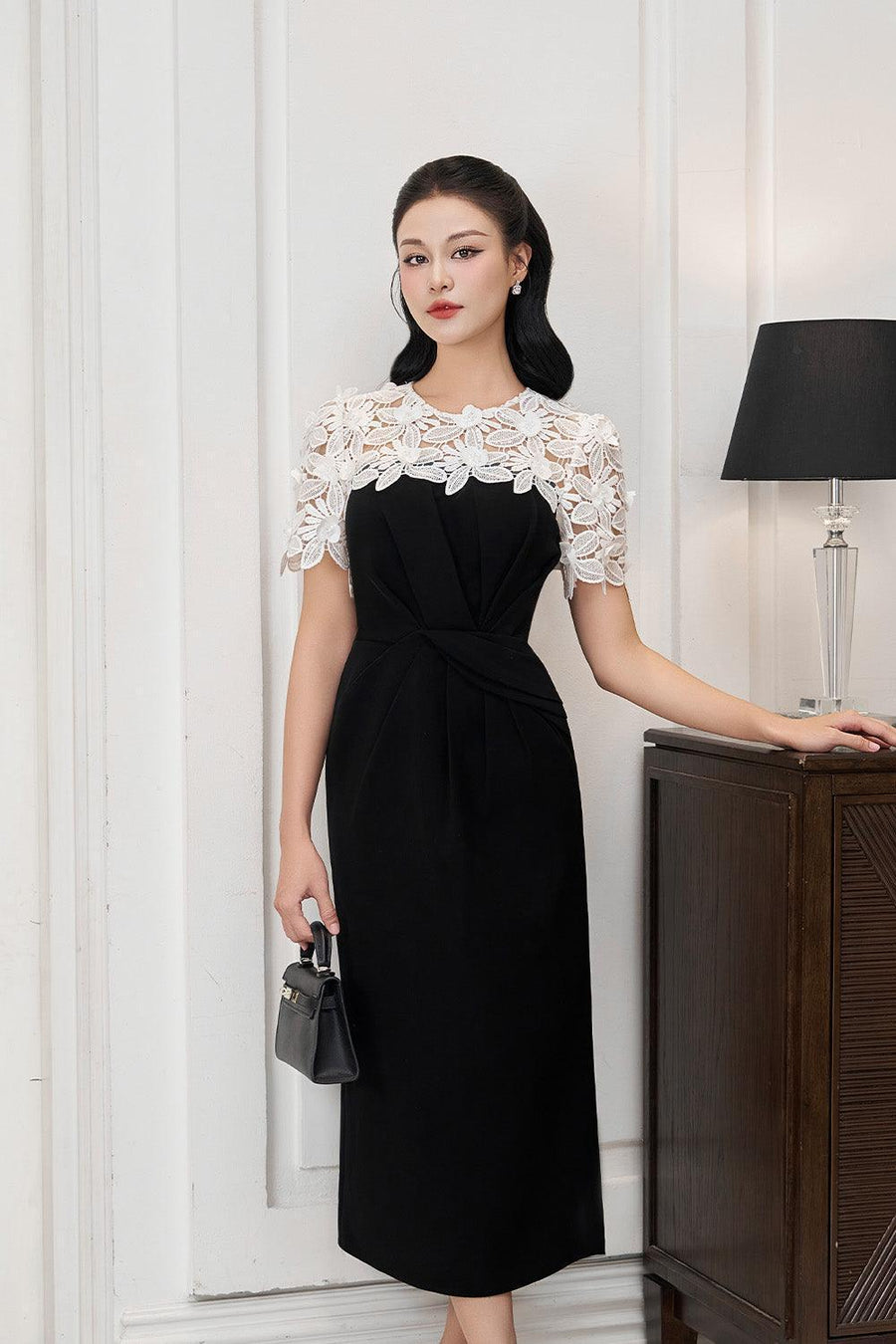 Solstice Sheath Draped Polyester Midi Dress Black Midi Dress IVY moda