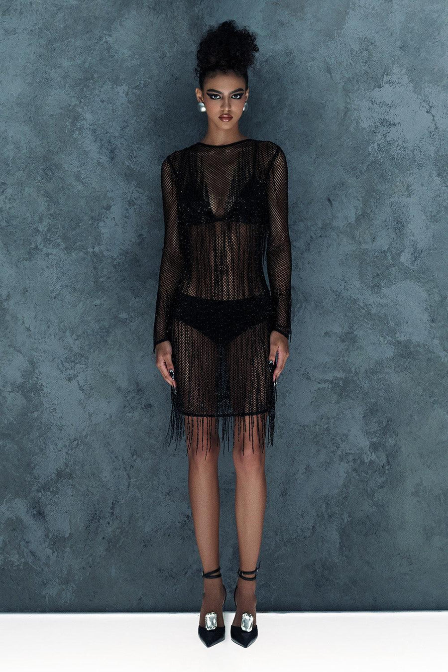 Somber Straight Long Sleeved Mesh Knee-length Dress Knee Length Dress CEM