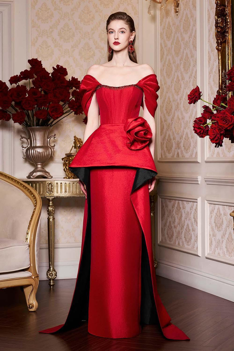 Sophia Peplum Off-Shoulder Taffeta Floor Length Dress Gown Dress I.H.F Atelier
