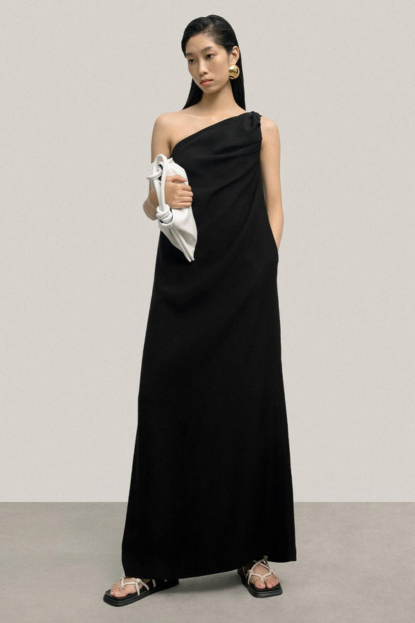 Sophronia Straight One Shoulder Crepe Floor Length Dress