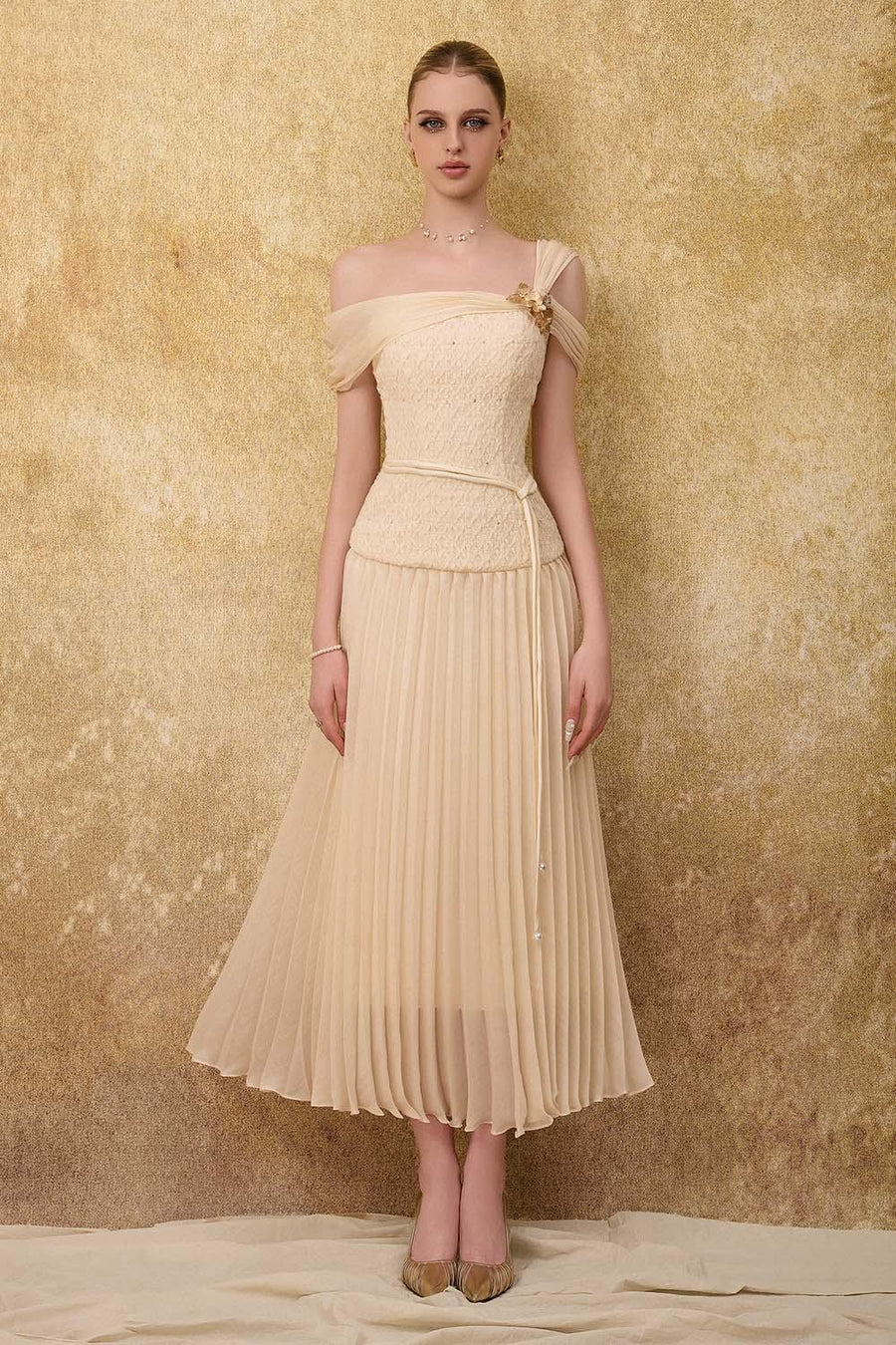 Sovere Flared Knife-Pleated Crepe Ankle Length Dress Midi Dress Calista de Minh Thanh