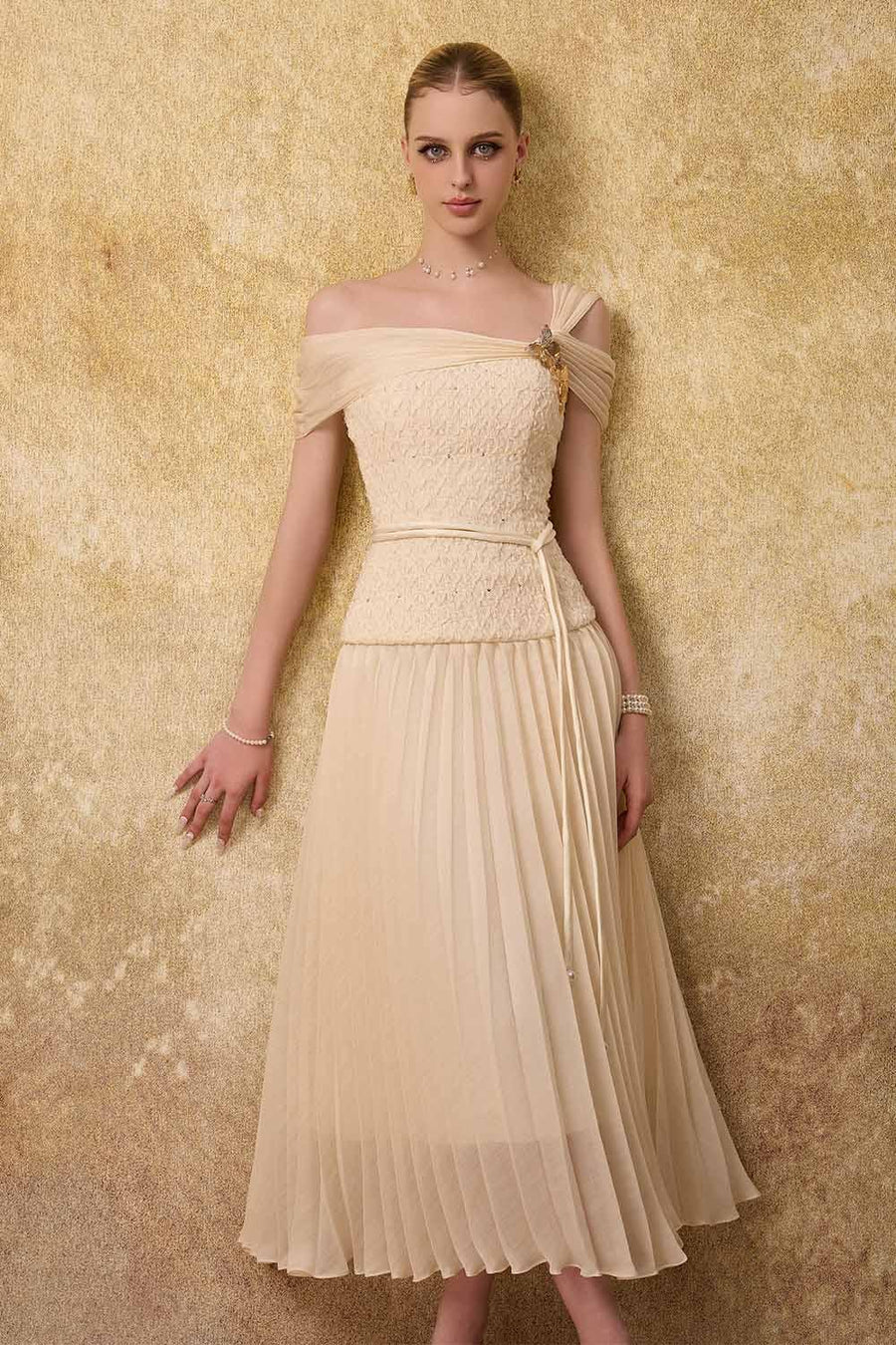 Sovere Flared Knife-Pleated Crepe Ankle Length Dress 5