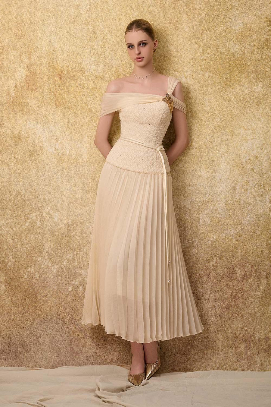 Sovere Flared Knife-Pleated Crepe Ankle Length Dress Midi Dress Calista de Minh Thanh