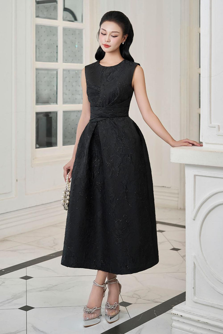 Spectra A-line Draped Jacquard Midi Dress Midi Dress IVY moda