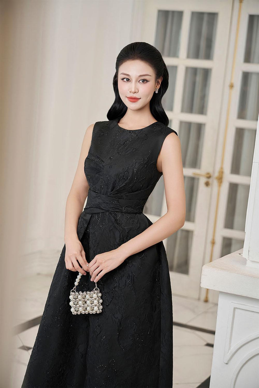 Spectra A-line Draped Jacquard Midi Dress Midi Dress IVY moda