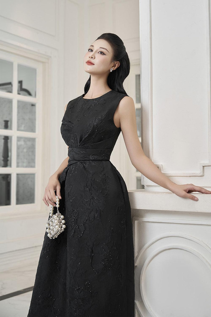Spectra A-line Draped Jacquard Midi Dress Midi Dress IVY moda