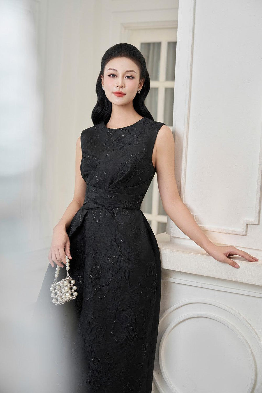 Spectra A-line Draped Jacquard Midi Dress Midi Dress IVY moda
