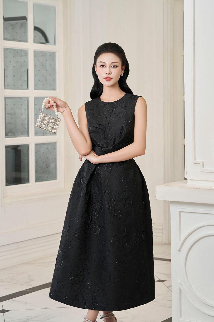 Spectra A-line Draped Jacquard Midi Dress Black Midi Dress IVY moda