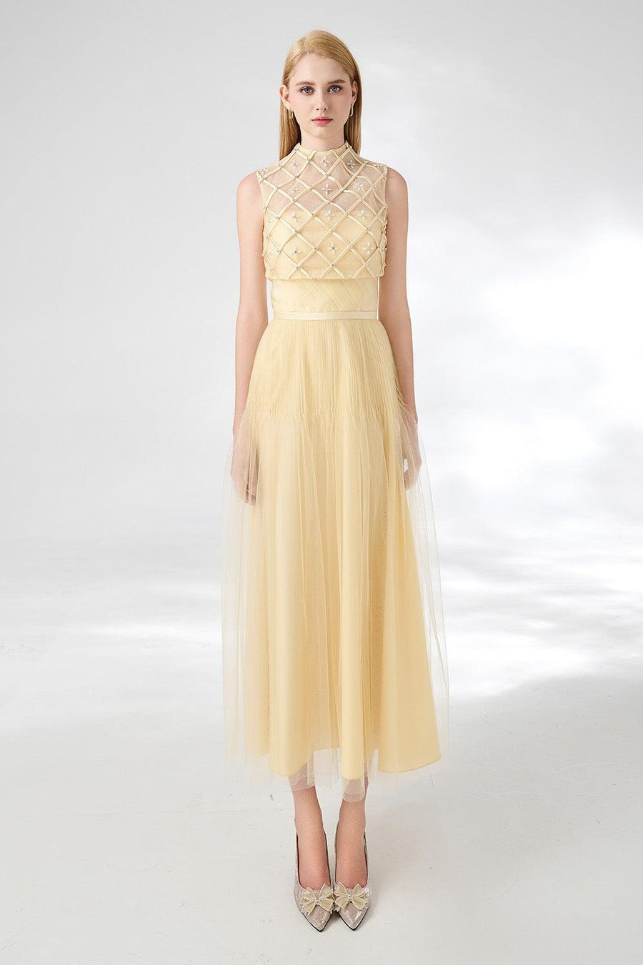 Spencer A-line High Neck Mesh Silk Midi Dress 7