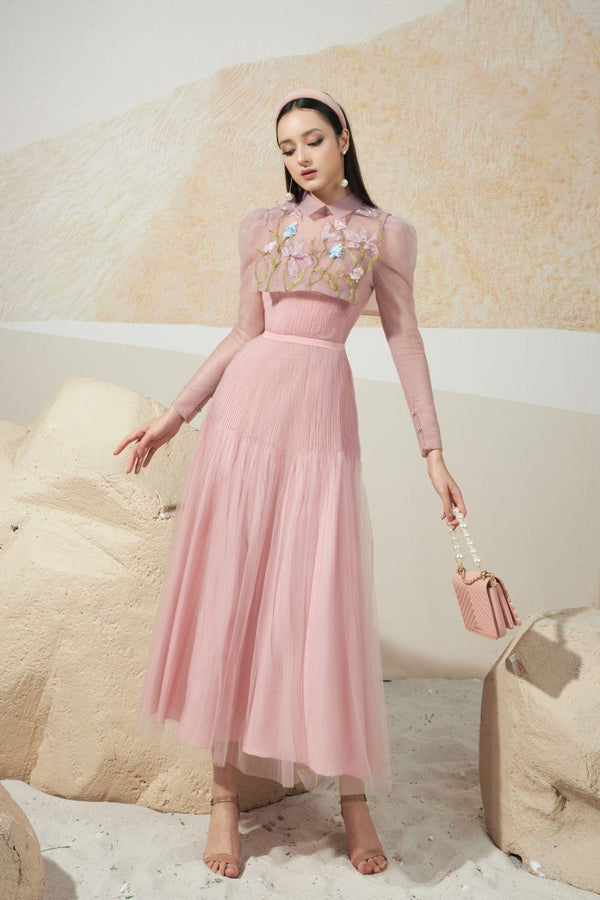 Sprouse Gathered Embroidered Mesh Sheer Midi Dress 1