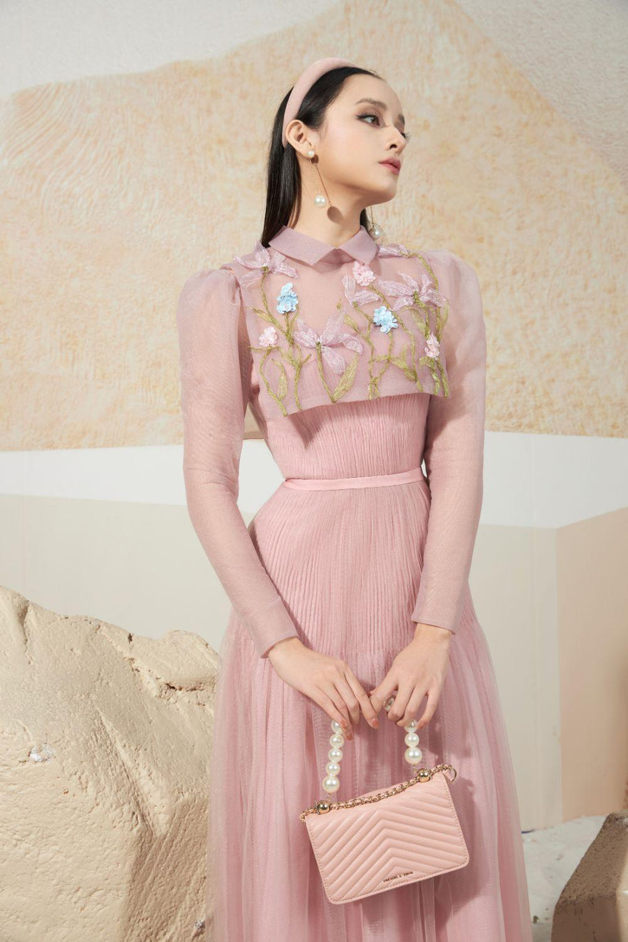 Sprouse Gathered Embroidered Mesh Sheer Midi Dress 3