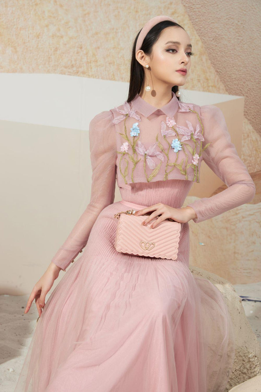 Sprouse Gathered Embroidered Mesh Sheer Midi Dress 4