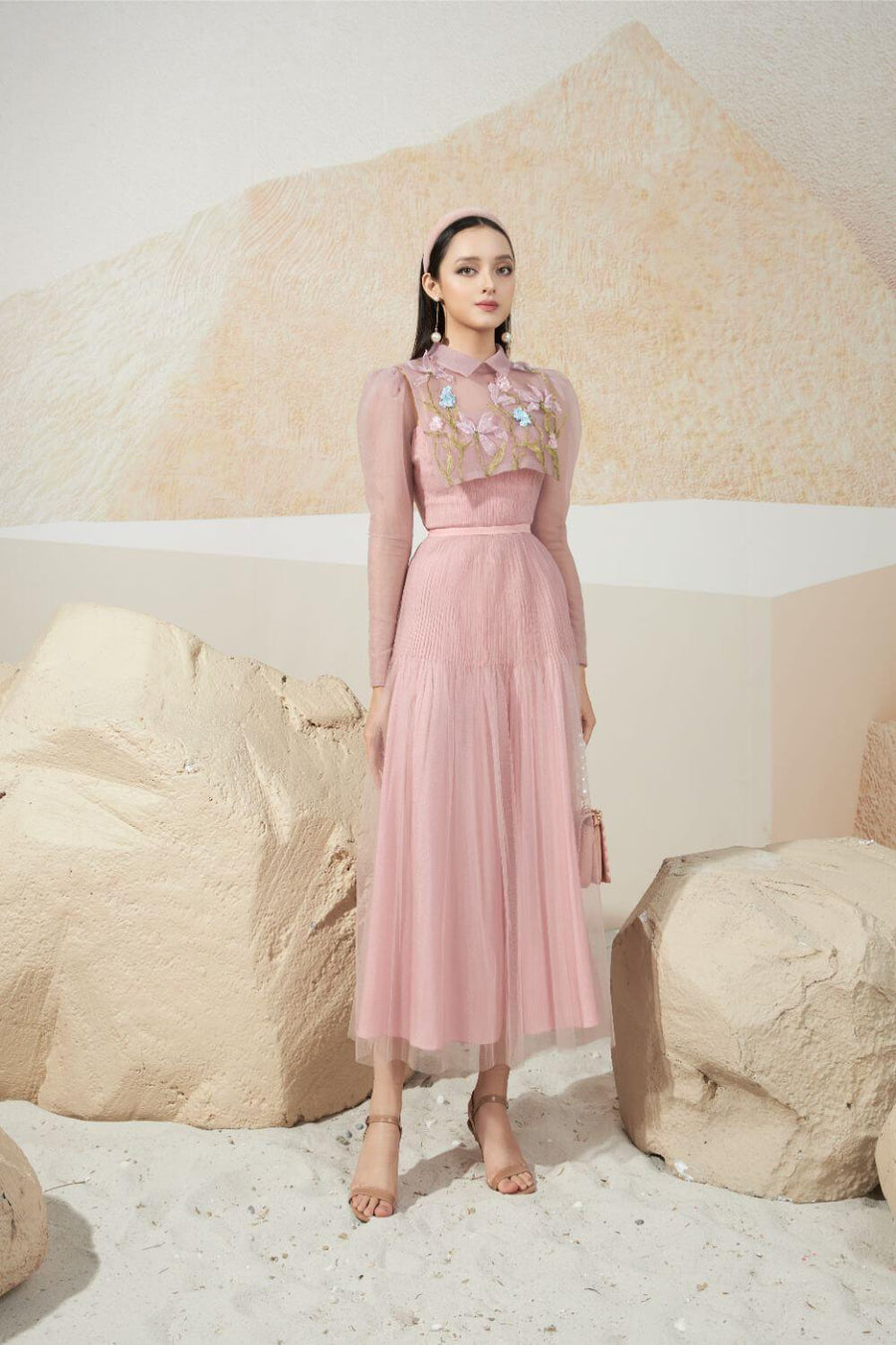 Sprouse Gathered Embroidered Mesh Sheer Midi Dress 6