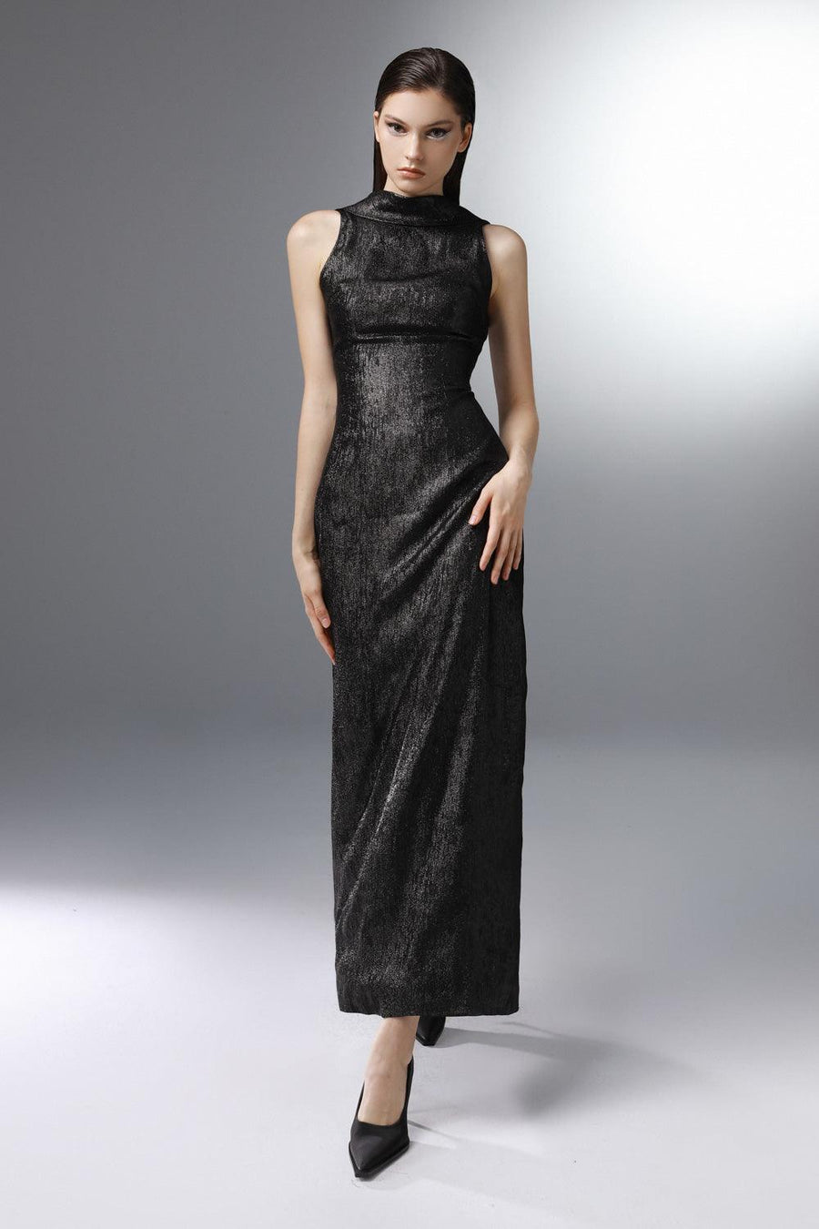 Stargaze Sheath High Neck Poly Silk Ankle Length Dress 3
