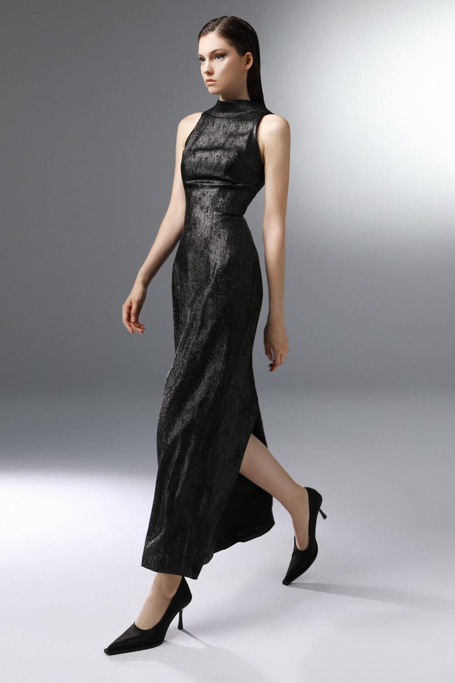 Stargaze Sheath High Neck Poly Silk Ankle Length Dress 4