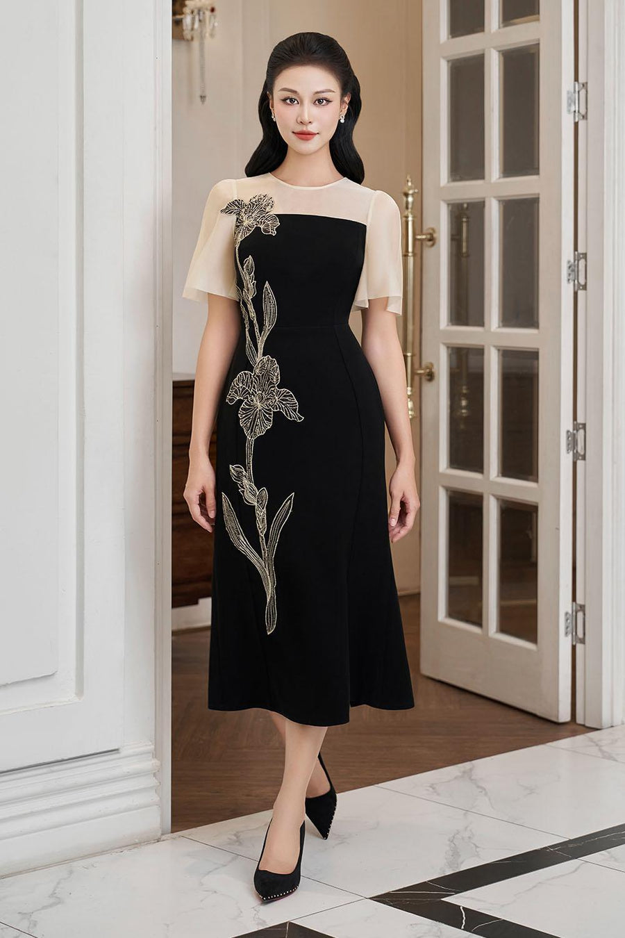 Starla Trumpet Flutter Sleeved Polyester Midi Dress Midi Dress IVY moda