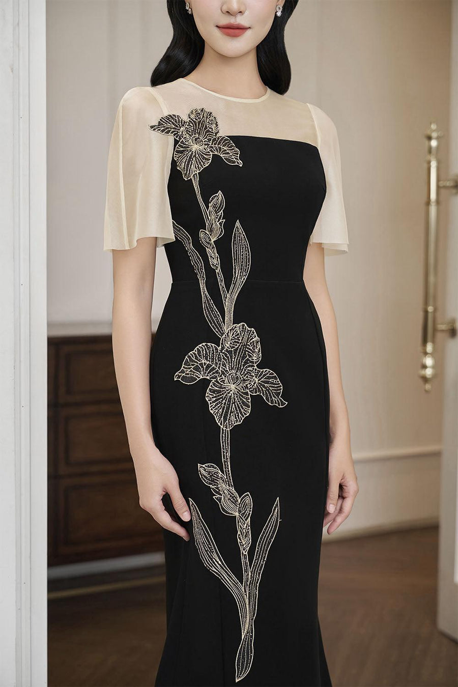 Starla Trumpet Flutter Sleeved Polyester Midi Dress Black Midi Dress IVY moda