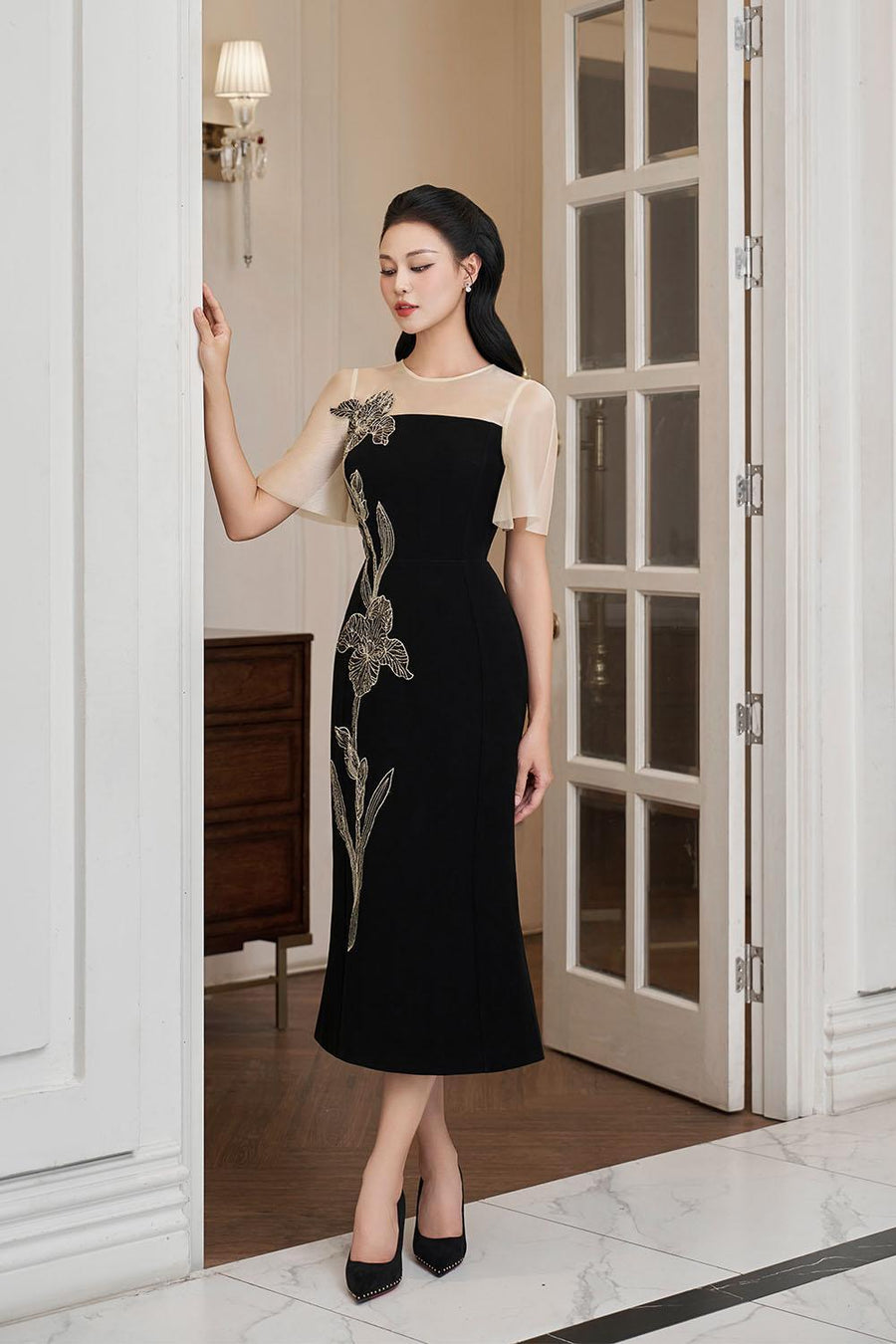 Starla Trumpet Flutter Sleeved Polyester Midi Dress Midi Dress IVY moda