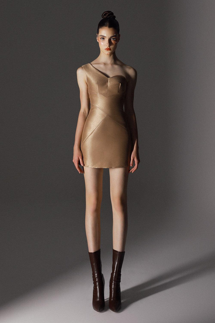 Statuesque A-line One Shoulder Brocade Silk Mini Dress 1