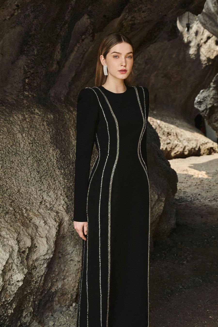 Stephanie Sheath Long Sleeved Crepe Midi Dress Midi Dress TRACY STUDIO