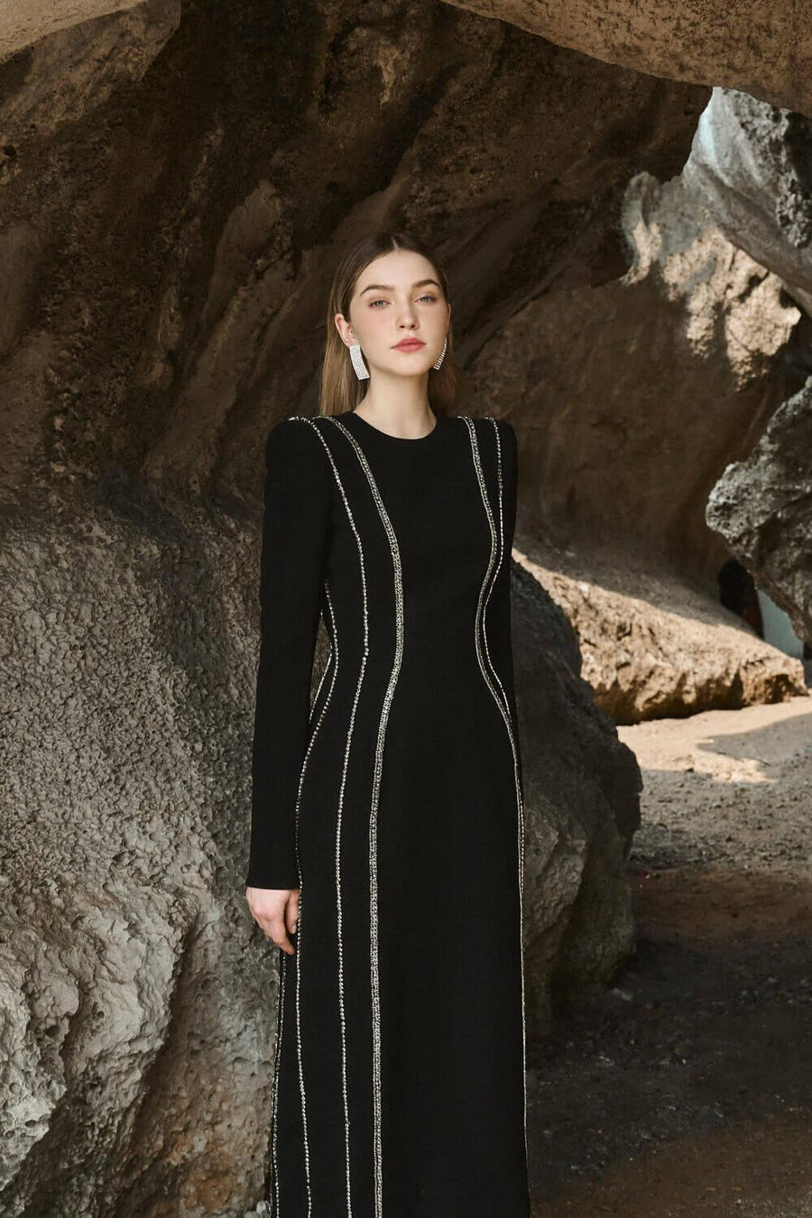 Stephanie Sheath Long Sleeved Crepe Midi Dress Black Midi Dress TRACY STUDIO