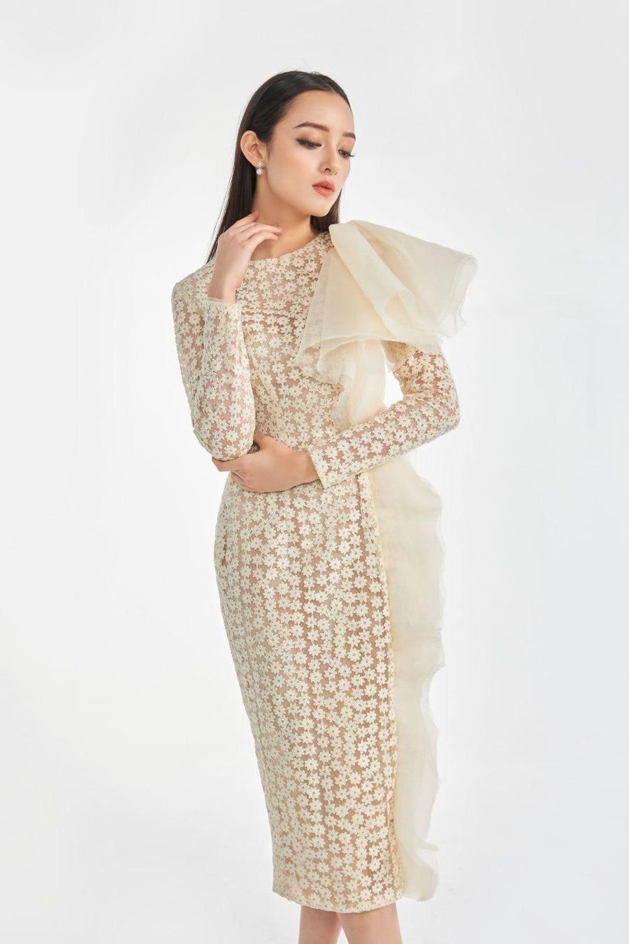 Sterling Pencil Long Sleeved Silk Organza Midi Dress 4
