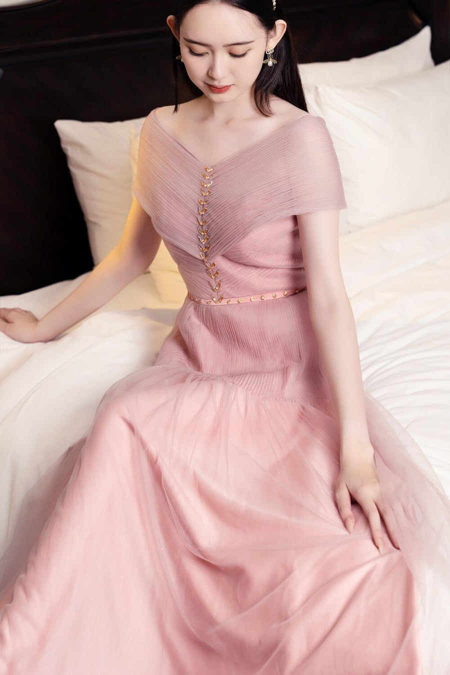 Stratton Gathered V-Neck Mesh Sheer Midi Dress 4