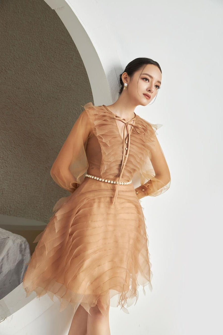 Strauss A-line Cuff Sleeved Mesh Sheer Knee-length Dress 17