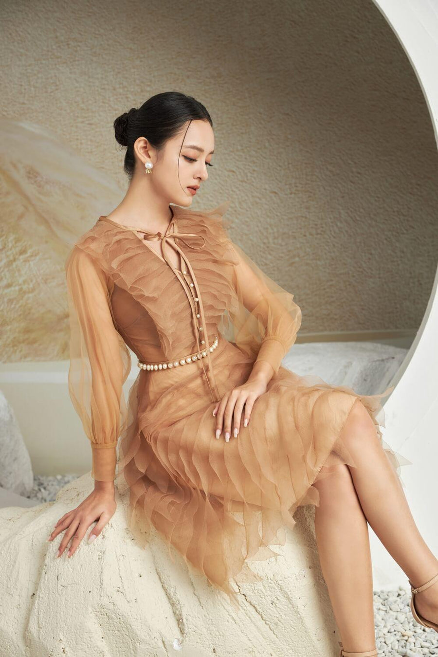 Strauss A-line Cuff Sleeved Mesh Sheer Knee-length Dress 18