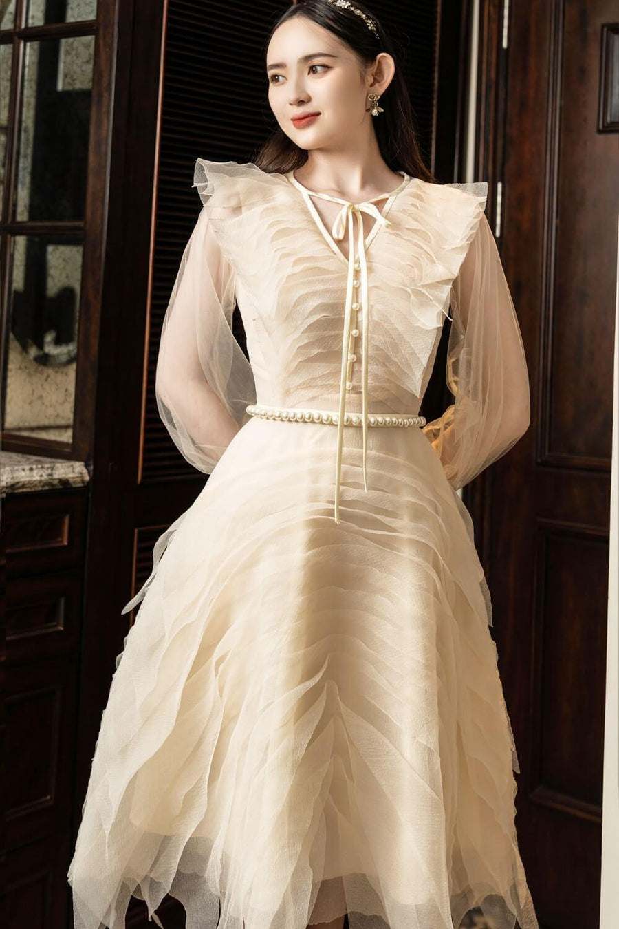 Strauss A-line Cuff Sleeved Mesh Sheer Knee-length Dress 8