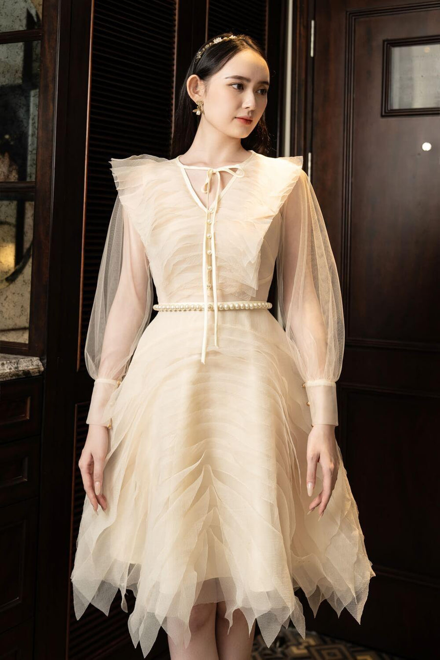 Strauss A-line Cuff Sleeved Mesh Sheer Knee-length Dress 9