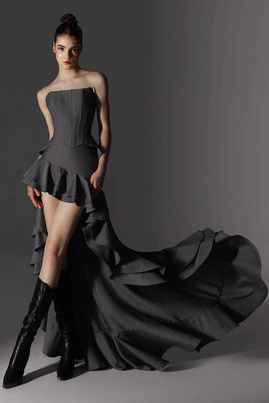 Swish Drop Waist Asymmetric Wool Cotton High-low Skirt