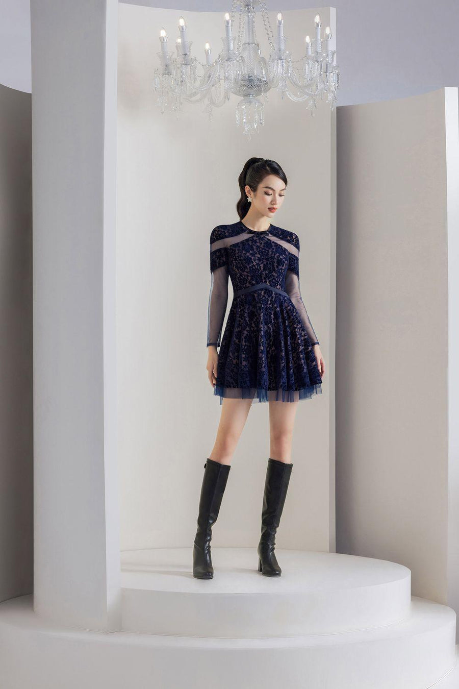 Sybil A-line Round Neck Lace Mini Dress 6