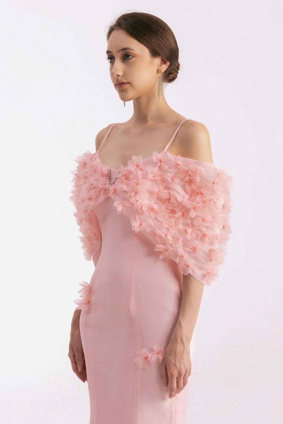 Tanner Trumpet Cold Shoulder Sleeved Silk Organza Floor Length Dress
