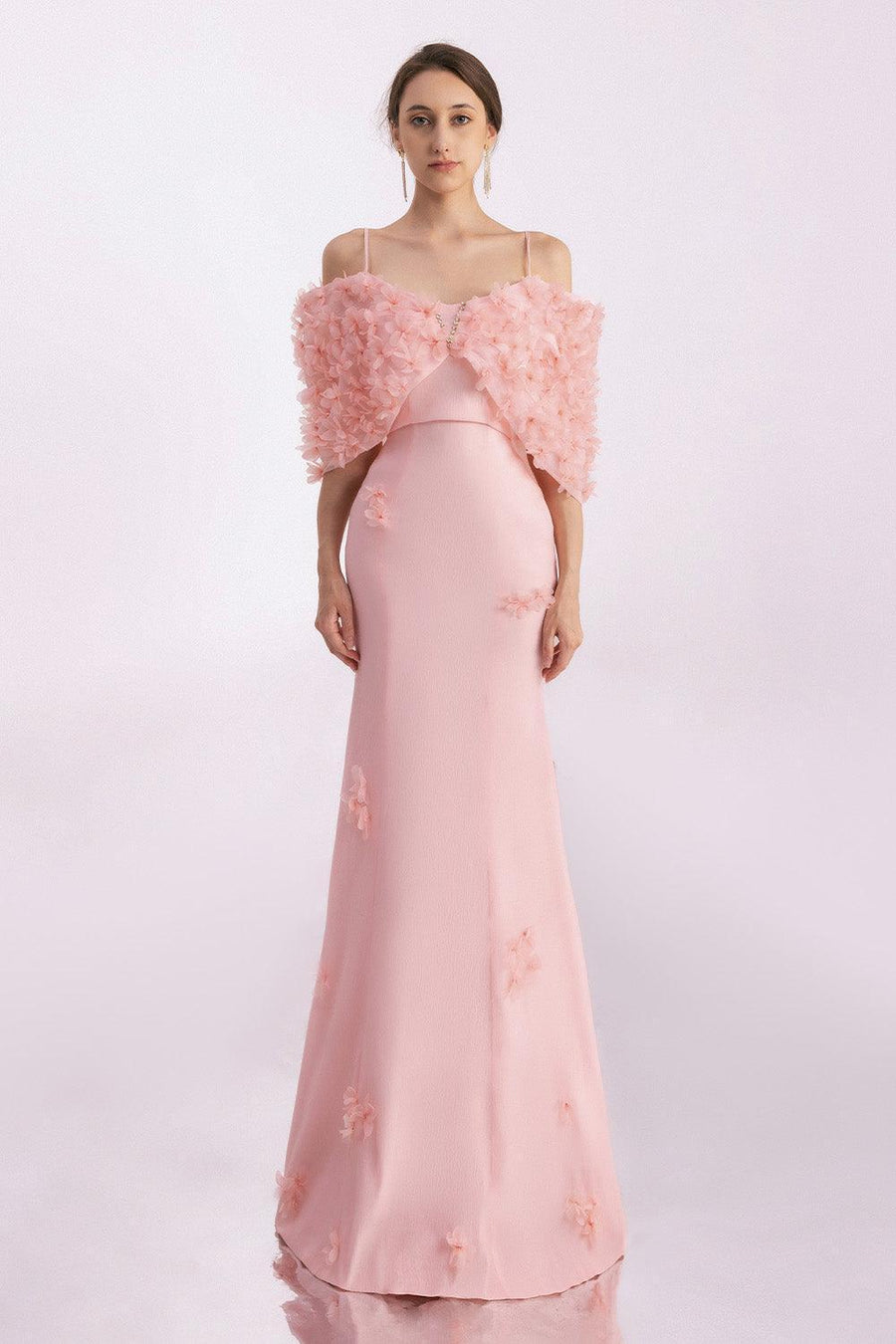 Tanner Trumpet Cold Shoulder Sleeved Silk Organza Floor Length Dress 8