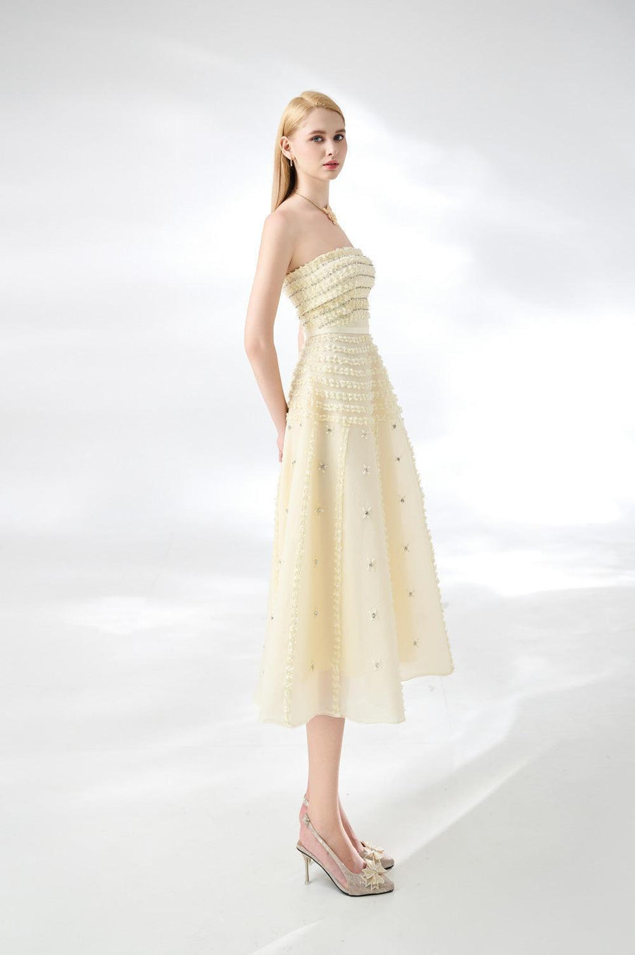 Terry Strapless Stone Organza Midi Dress 11