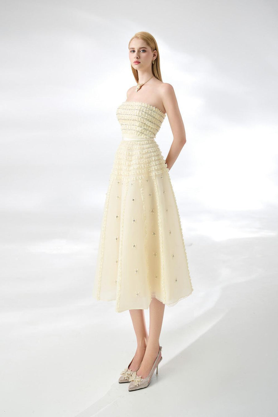Terry Strapless Stone Organza Midi Dress 12