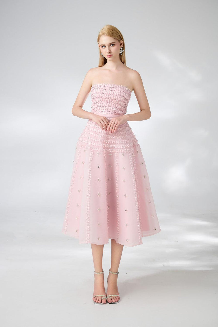 Terry Strapless Stone Organza Midi Dress 6