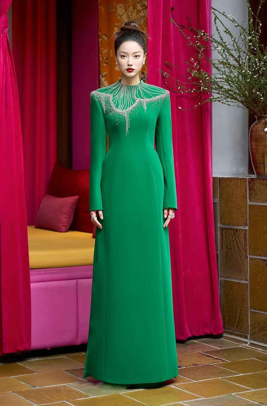 Textur A-line Stone Velvet Satin Maxi Dress