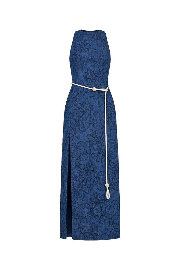 Thach Thao Slit Jewel Neck Denim Ankle Length Dress