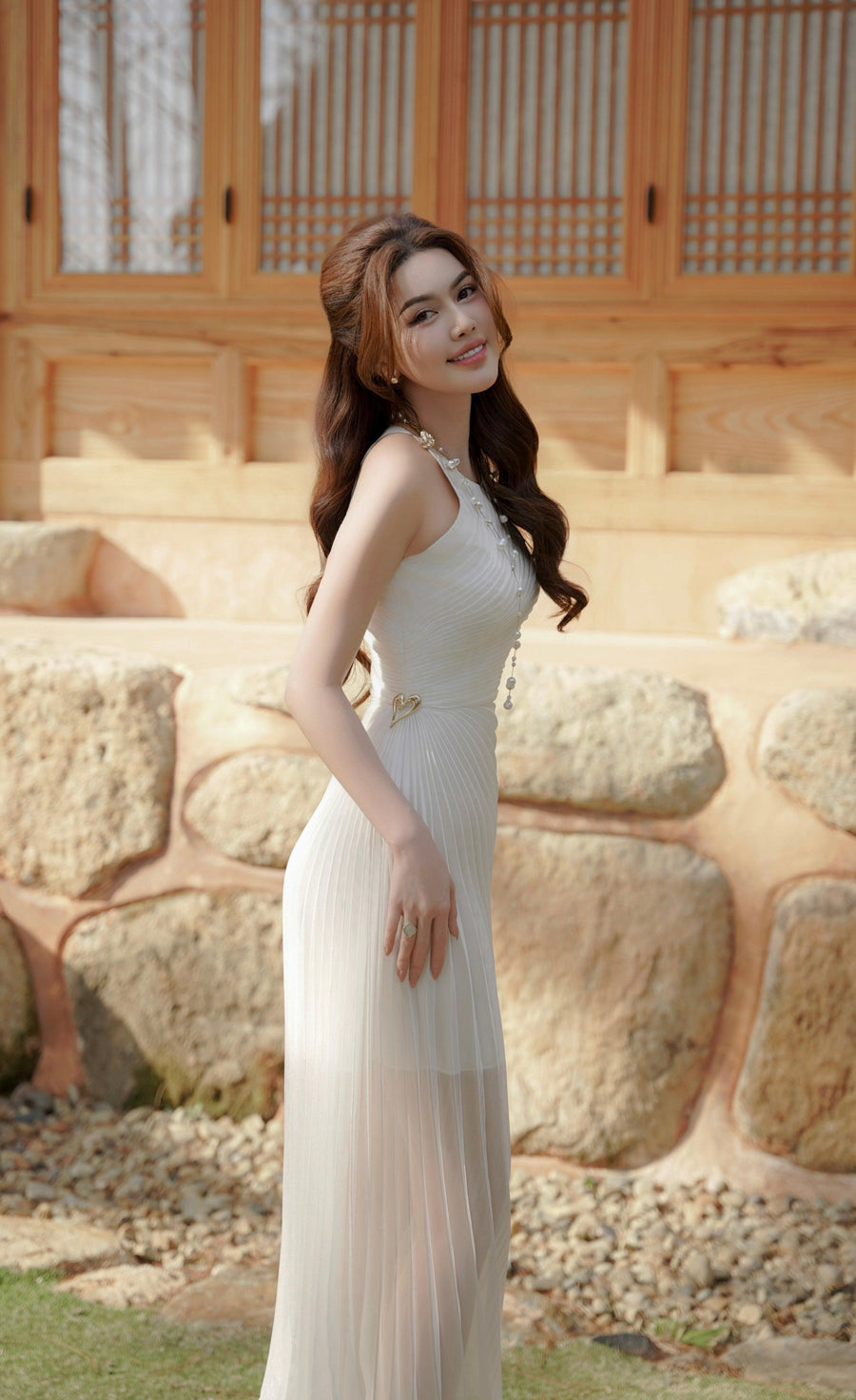 Thalia Pleated Halter Neck Organza Ankle Length Dress Maxi Dress Calista de Minh Thanh