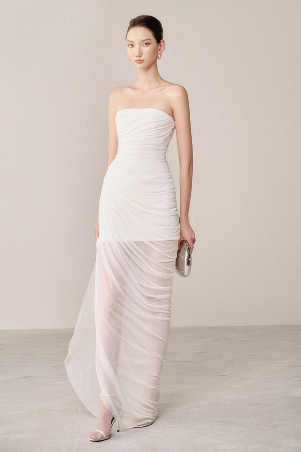 Thalon Strapless Gathered Organza Spandex Maxi Dress