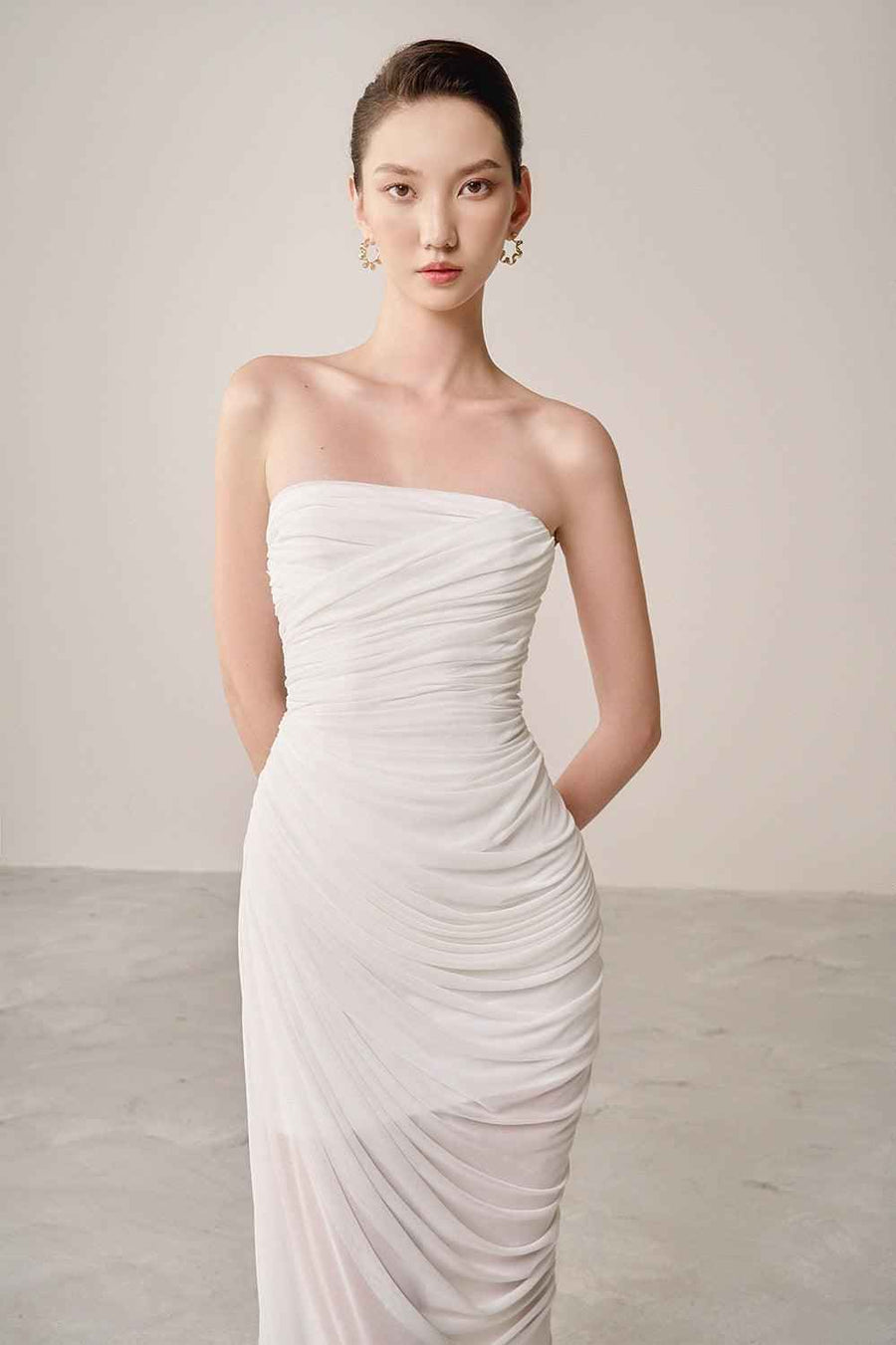 Thalon Strapless Gathered Organza Spandex Maxi Dress