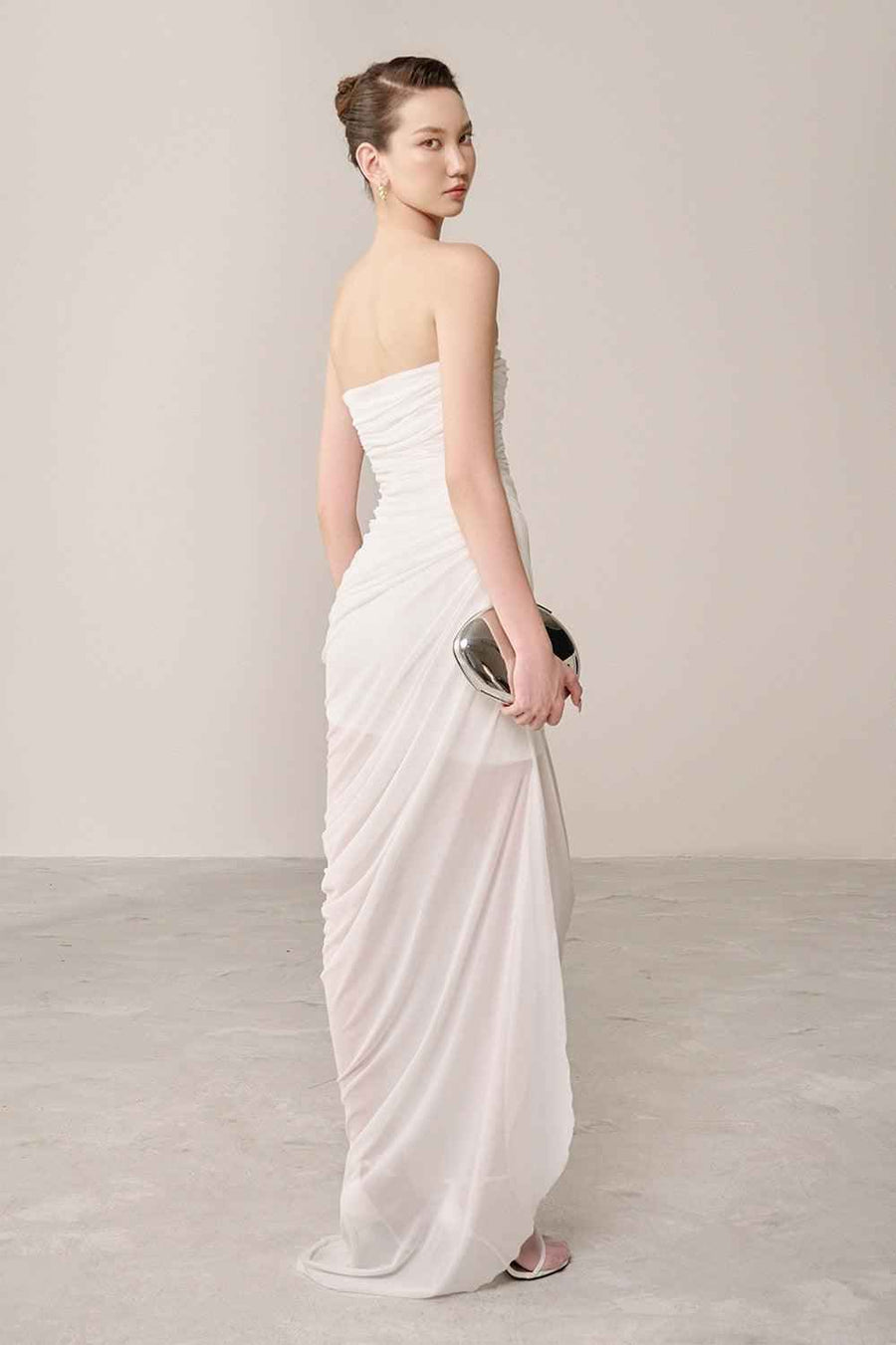 Thalon Strapless Gathered Organza Spandex Maxi Dress