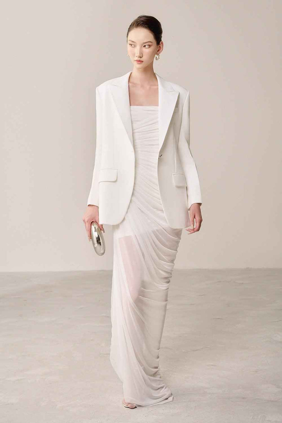Thalon Strapless Gathered Organza Spandex Maxi Dress