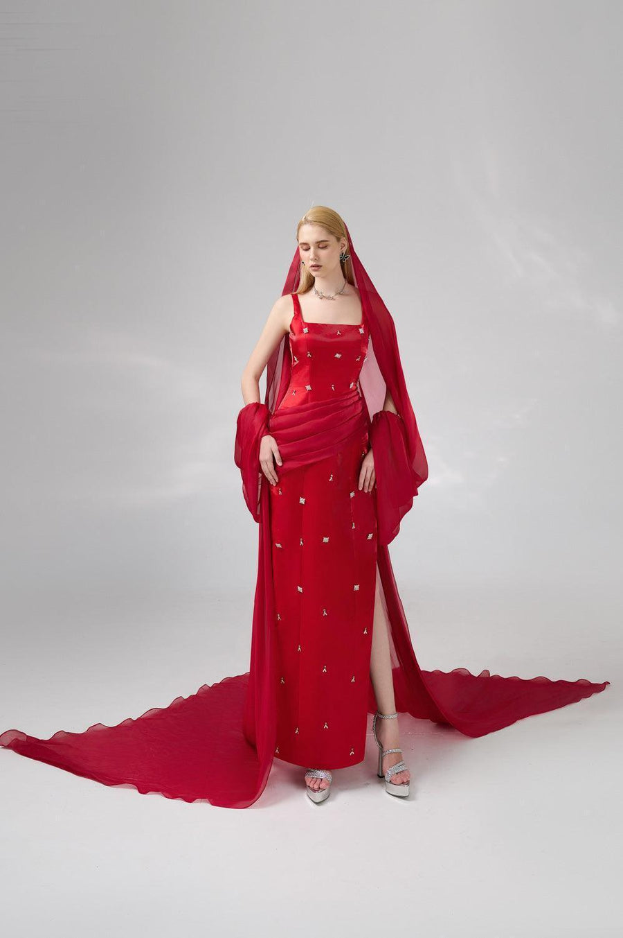Thatcher Sheath Side Slit Twill Floor Length Set 9