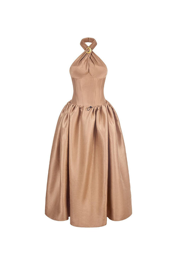 The Wood Fit and Flare Crossover Neck Taffeta Ankle Length Dress