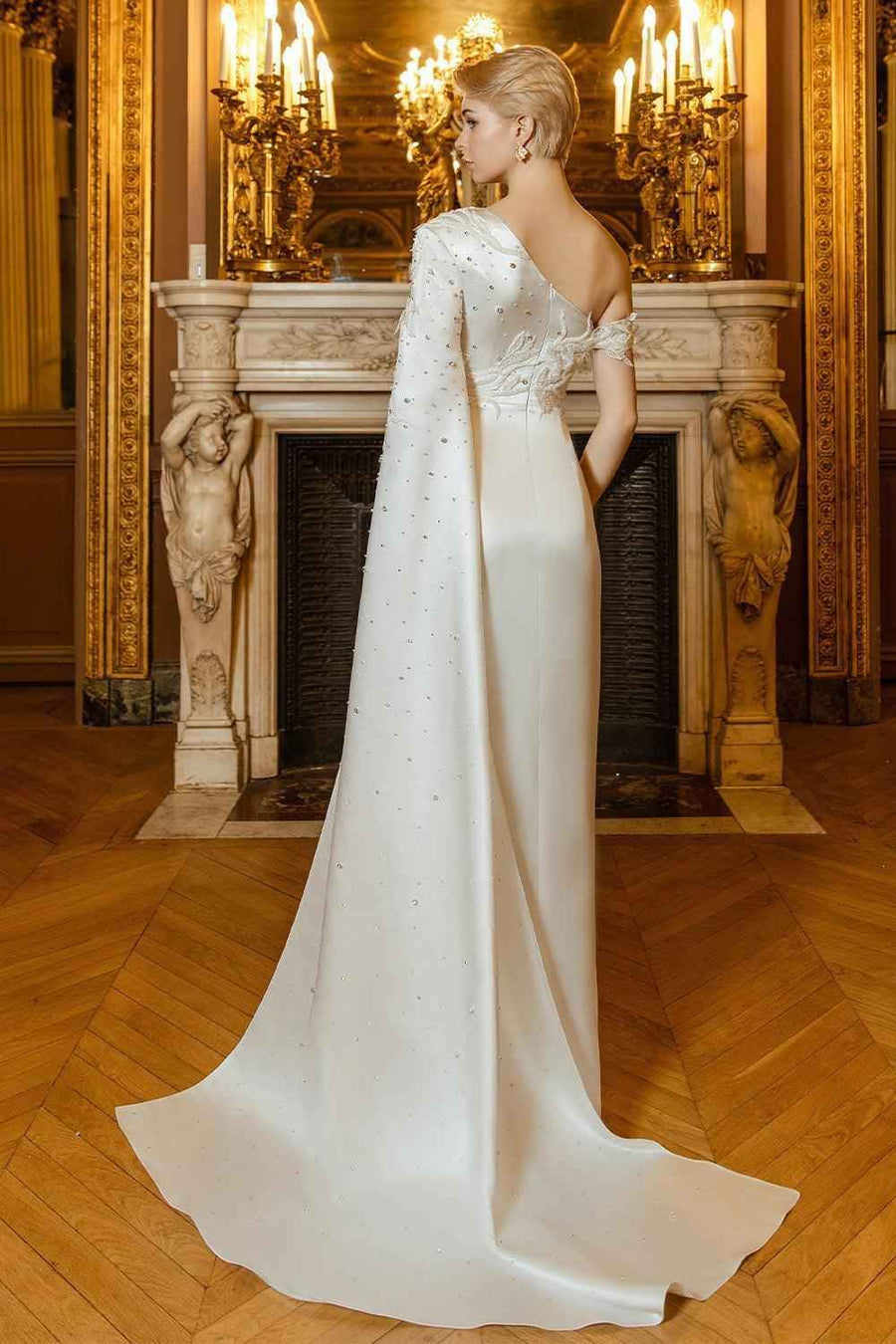 Timeless Slit Diagonal Neck Taffeta Silk Floor Length Dress