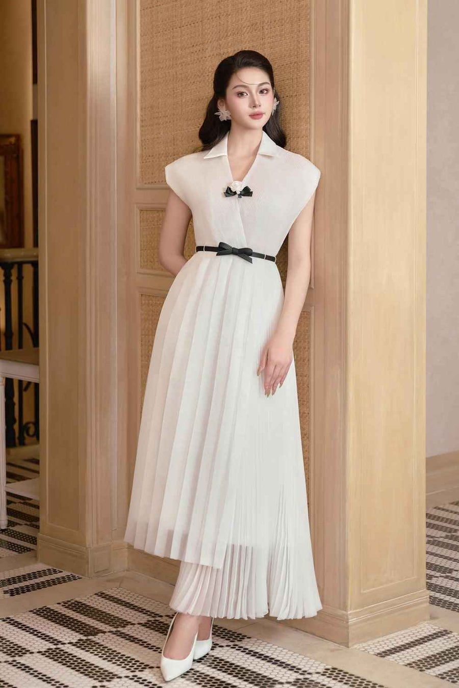 Tina Asymmetric Pleated Foam Ankle Length Dress