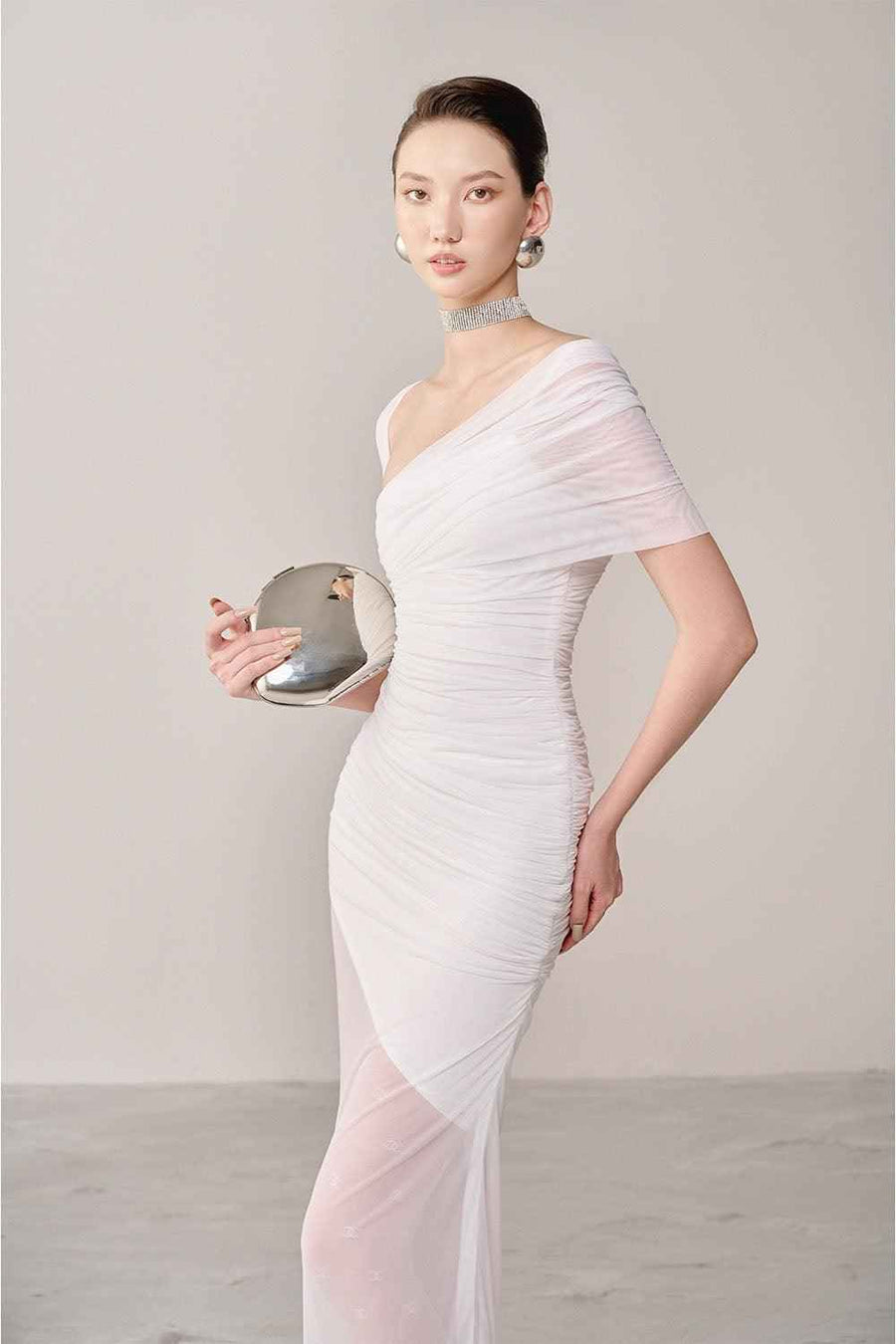 Tolvin Gathered Diagonal Neck Organza Spandex Maxi Dress